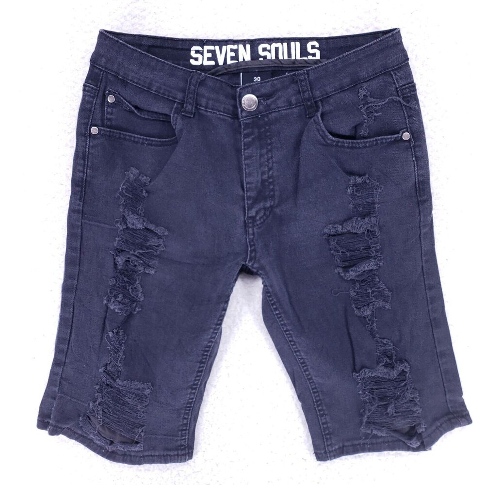 Seven Souls Jean Shorts Denim Cotton Mens SZ 30 Black Straight VTG Baggy 90s Y2K